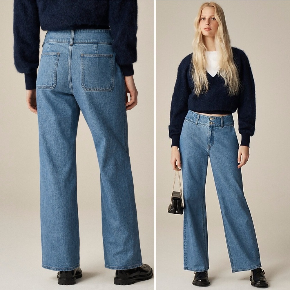 J. Crew Slim Wide Leg Jeans Petite 31 Denim Blue Stacked Buttons Modern Classic - Picture 4 of 13